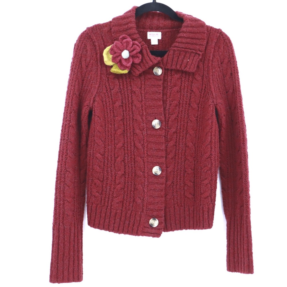 Mossimo Cable Knit Wool Cardigan Womens M Red Cottagecore Boho Grannycore Chunky